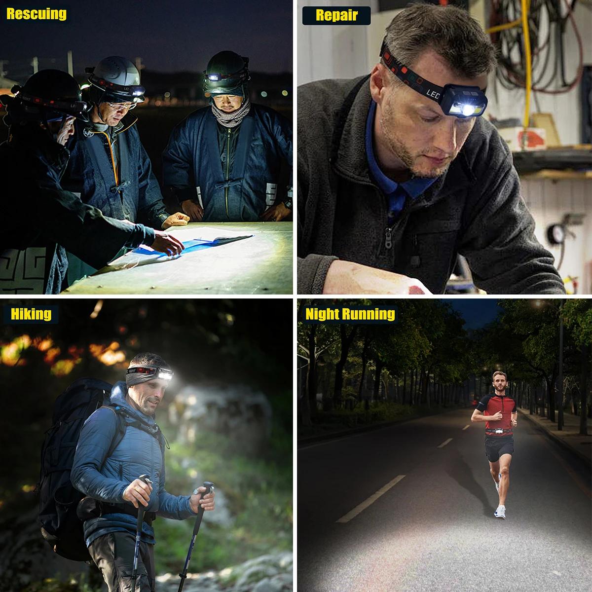 Frontale rechargeable 1200 lumens avec détecteur de mouvement pour pêche nocturne - Lumière blanche et rouge