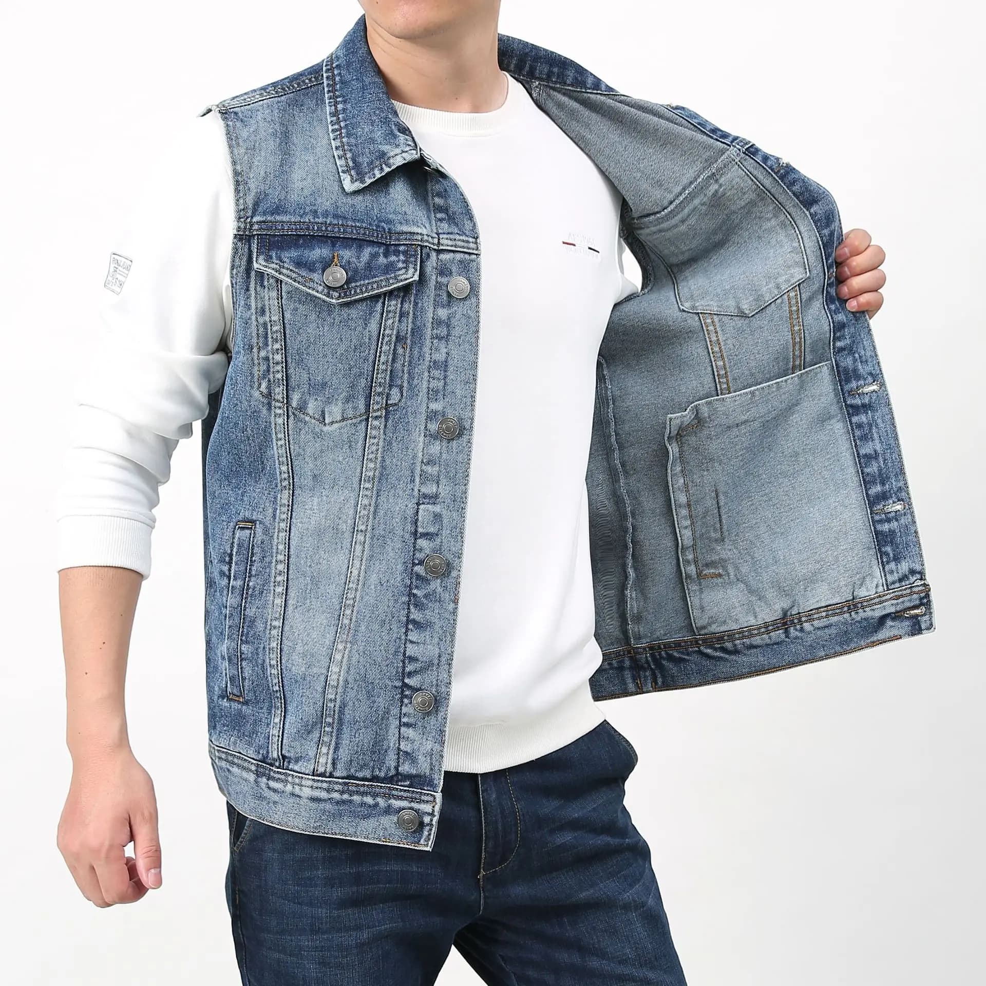 Gilet denim vintage homme 2025 - Veste sans manches en coton pure à multiples poches taille asiatique 4XL