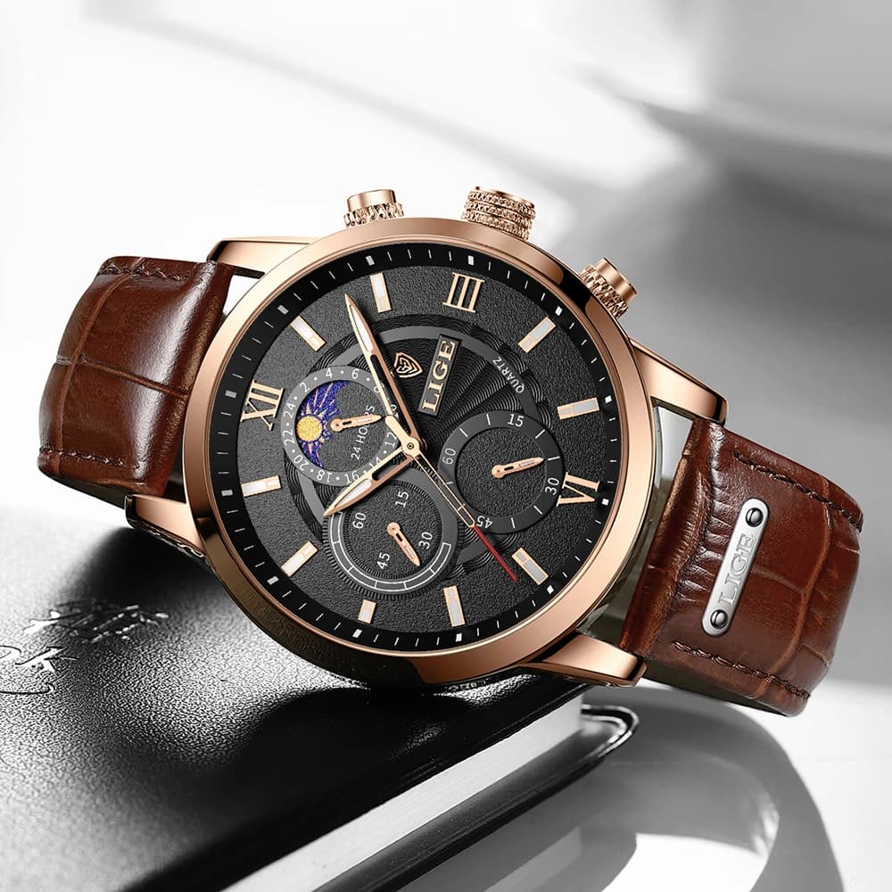 Montre homme luxe LIGE bracelet cuir quartz étanche montre sport élégante relogio masculino cadeau homme
