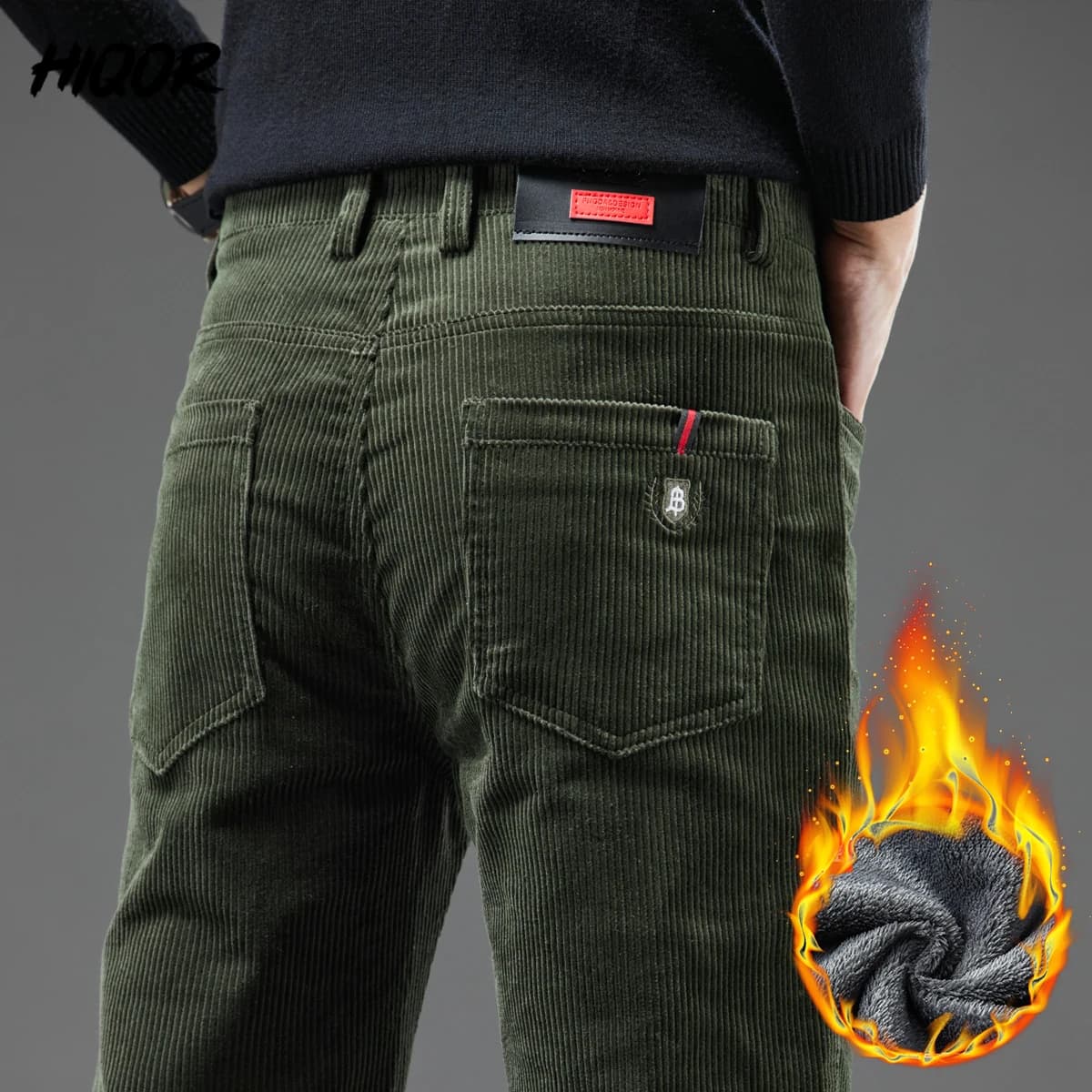 Pantalon velours côtelé homme hiver épais chaud pêche business casual vert foncé tendance