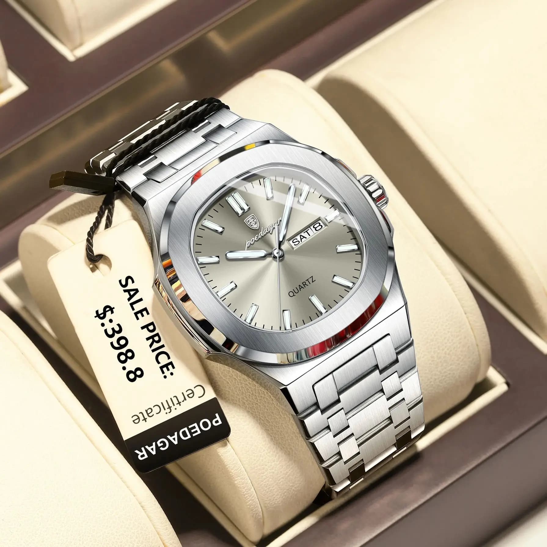 Montre militaire homme POEDAGAR luxe - Boîtier carré étanche avec date et lumières pour poignet masculin