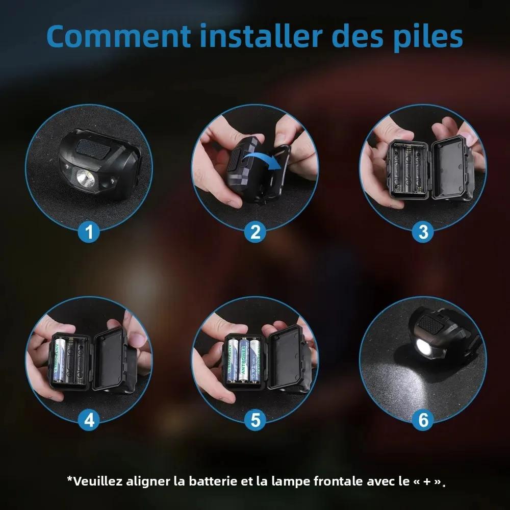 Mini lampe frontale BORUiT 3W LED 4 modes lumière rouge pour pêche et camping compacte