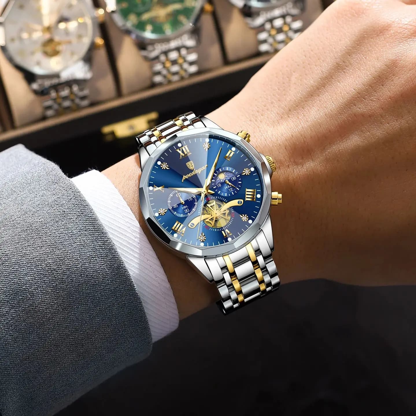 Montre homme luxe POEDAGAR étanche chronographe avec cadran romain et bracelets acier inoxydable
