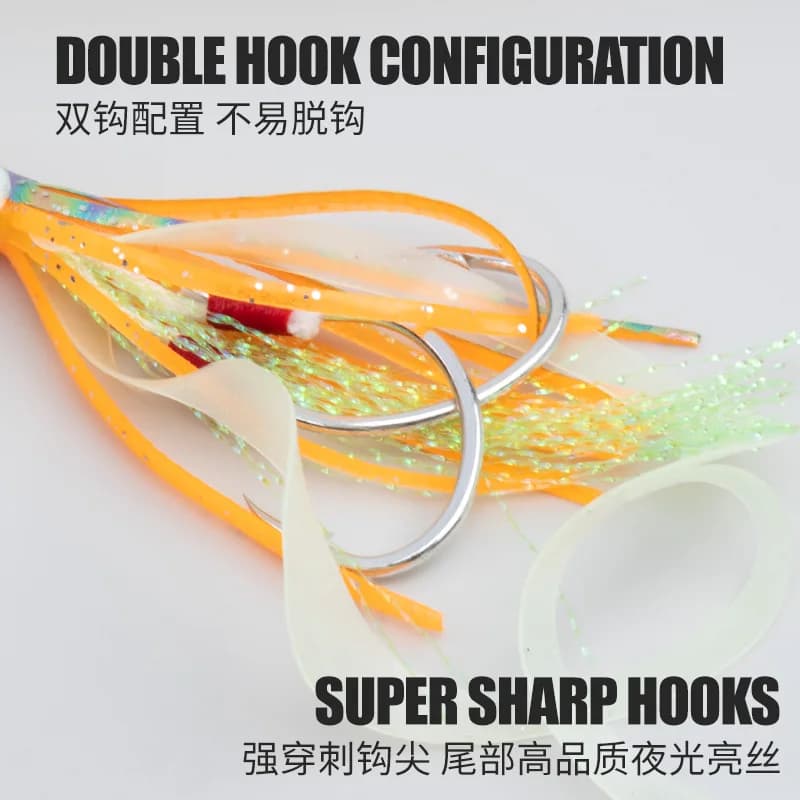 Leurre souple calamar fluo HK018 avec hameçons assistés pour la pêche en mer au jigging lent