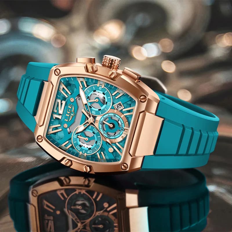 Montre homme sport LIGE chronographe étanche bracelet silicone lumineux design tonneau aéré