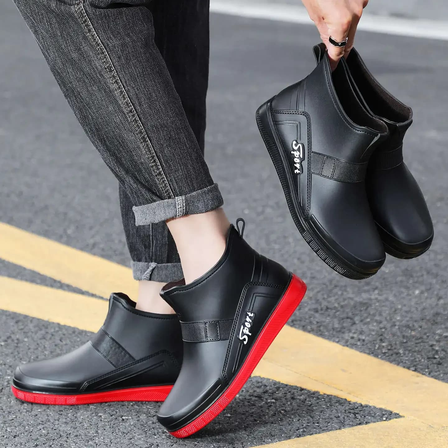 Bottes mi-mollet imperméables pêche homme bandes réfléchissantes sécurité randonnée aquatique
