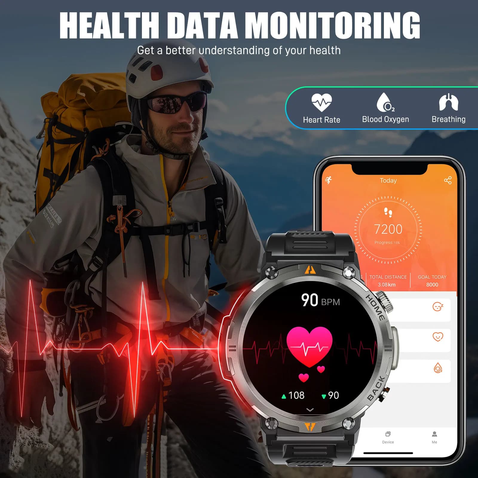Montre connectée EIGIIS KE3 étanche 3ATM Bluetooth appel santé 100+ modes sport lampe torche