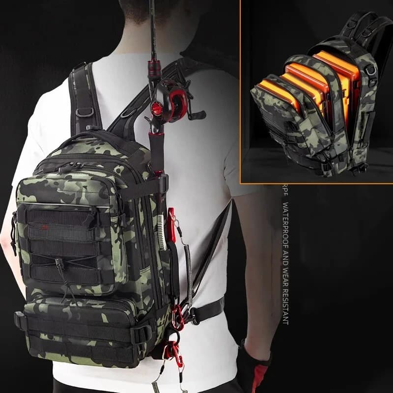 Sac à dos pêche avec porte-canne - Sac de rangement équipement pêche, camping et chasse