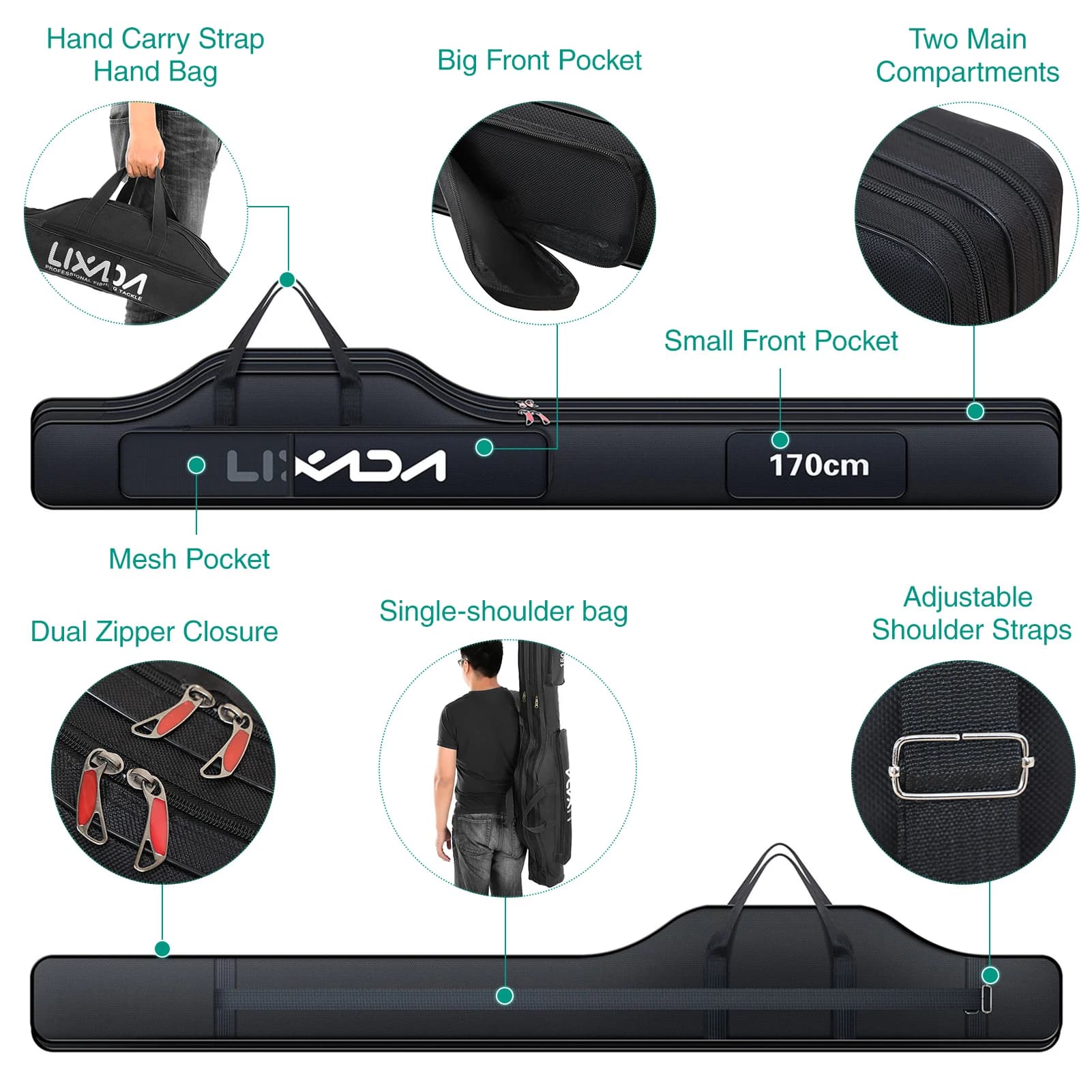 Sac de pêche pliable Lixada 190cm pour cannes et moulinets avec rangement accessoires