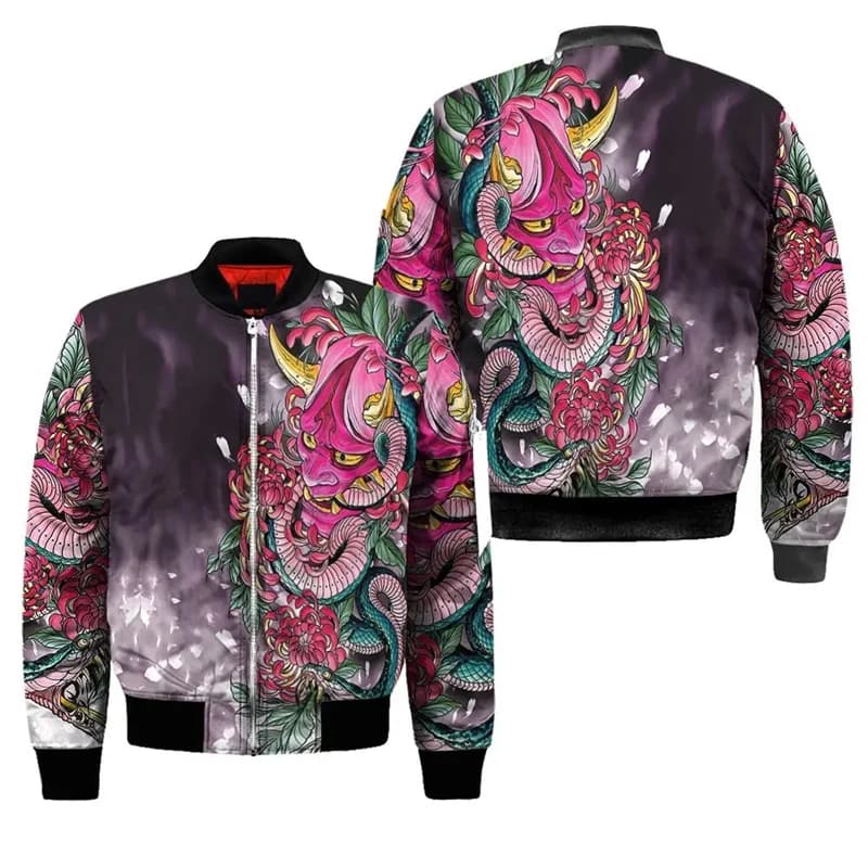 Bomber homme imprimé 3D masque samouraï Oni - Veste casual unisexe au design audacieux pour pêcheurs créatifs