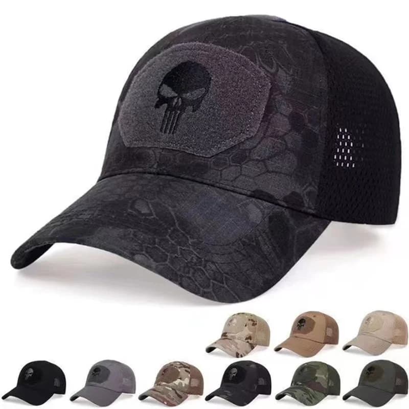Casquette mesh camouflage crâne été 2024 - Chapeau pêche airsoft réglable pour hommes et femmes