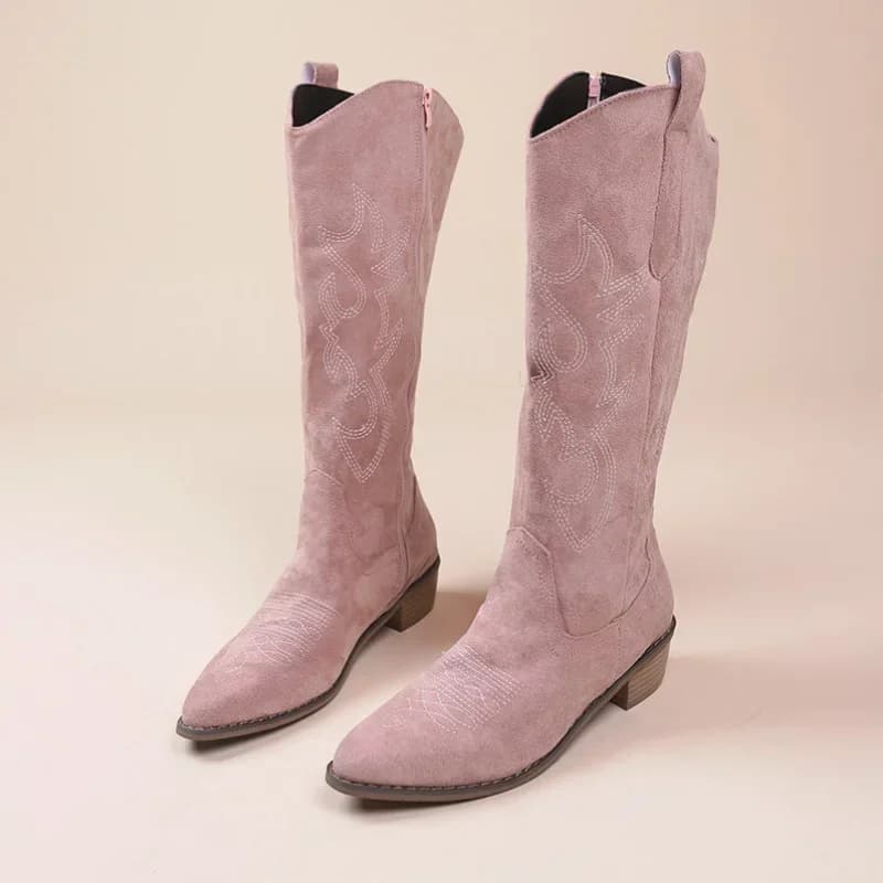 Bottes cowboy brodées femme automne - Bottes genou pointues talon épais cuir PU