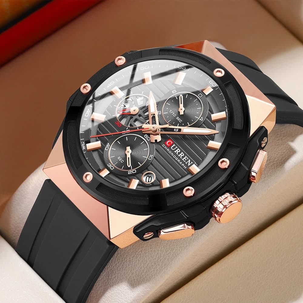 Montre chronographe Curren pour homme sport militaire grand cadran étanche avec bracelet silicone noir