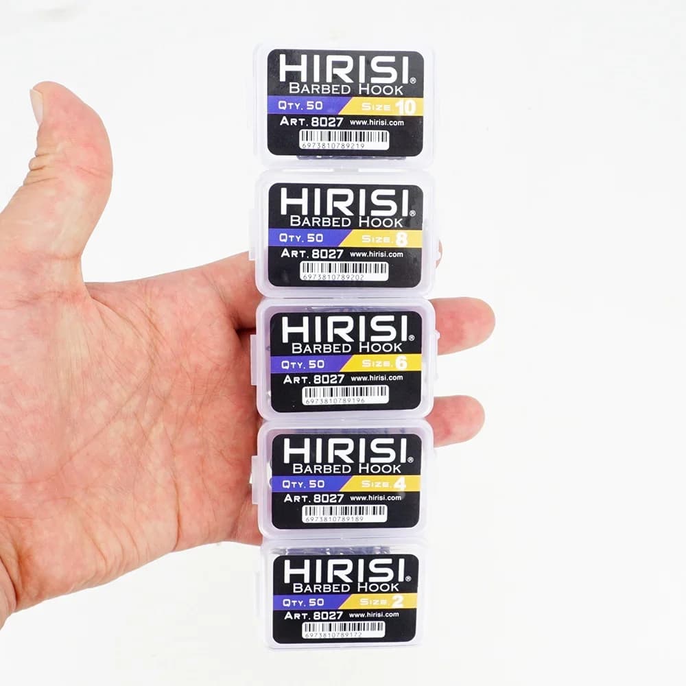Hameçons de pêche Hirisi 50 pièces acier inoxydable carbone haute qualité avec œillet et boîtier