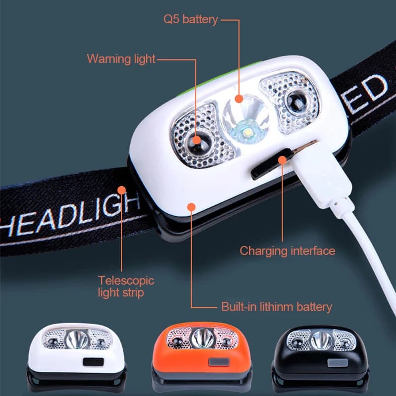 Lampe frontale mini LED puissante avec capteur pour pêche nocturne étanche et portable