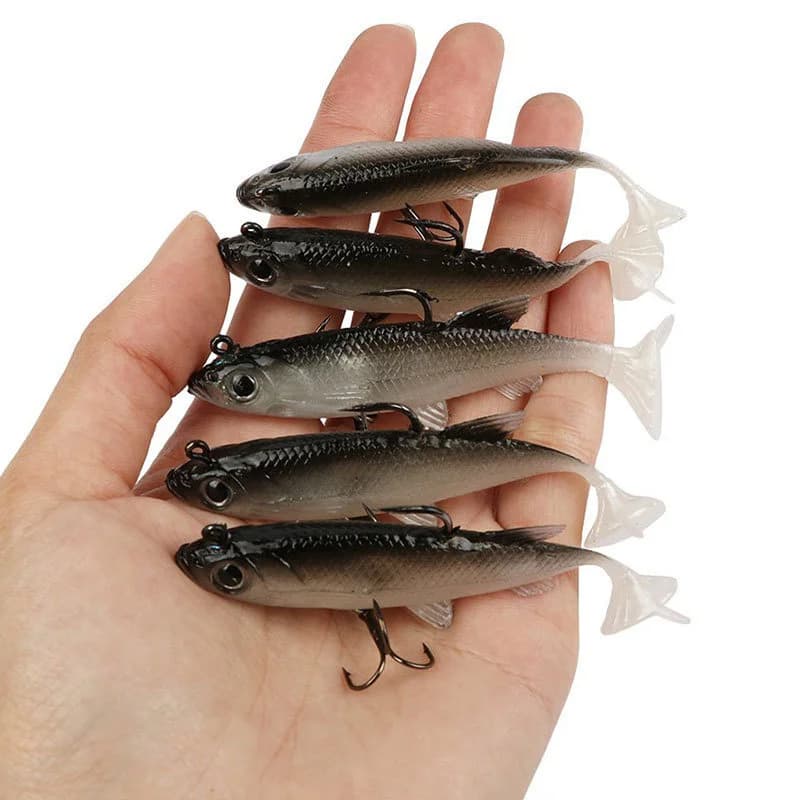 Kit de 5 leurres souples pêche 8cm avec hameçons, appâts artificiels pour carnassiers