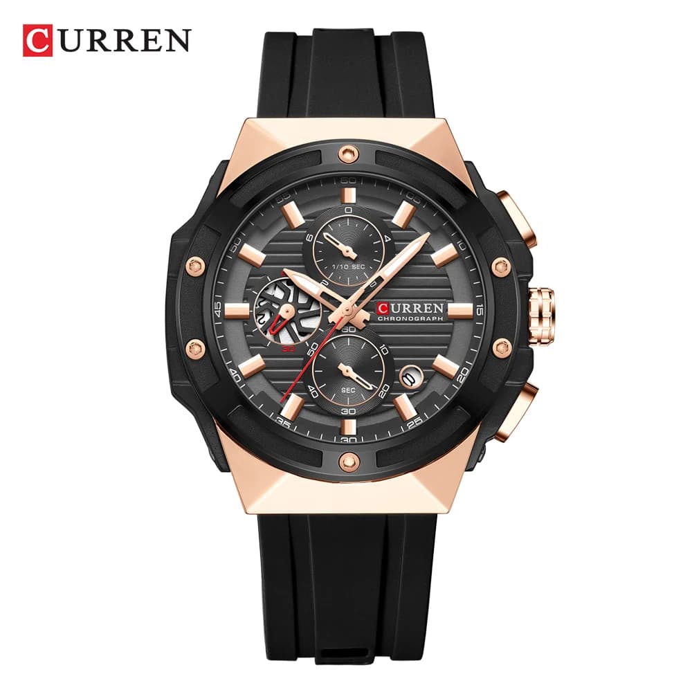 Montre chronographe Curren pour homme sport militaire grand cadran étanche avec bracelet silicone noir