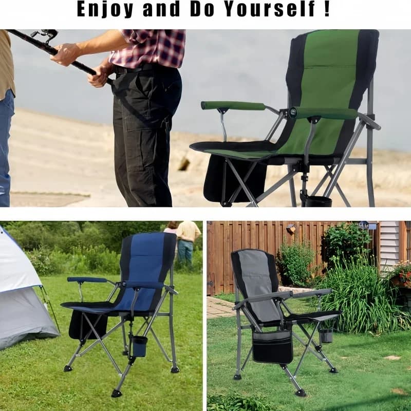 Grande chaise de pêche pliante aluminium avec dossier haut, accoudoirs et porte-gobelet
