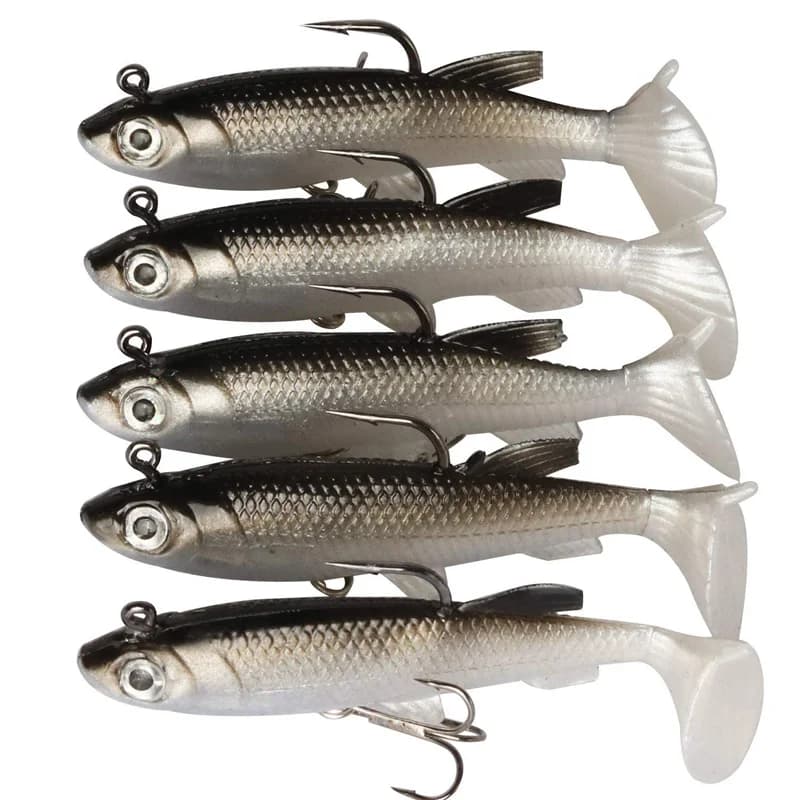 Kit de 5 leurres souples pêche 8cm avec hameçons, appâts artificiels pour carnassiers
