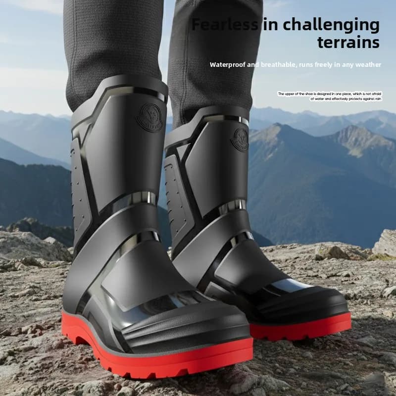 Classic Men's Rain Boots Fashionable High-Trend Black And Red Mid-Calf Outdoor B