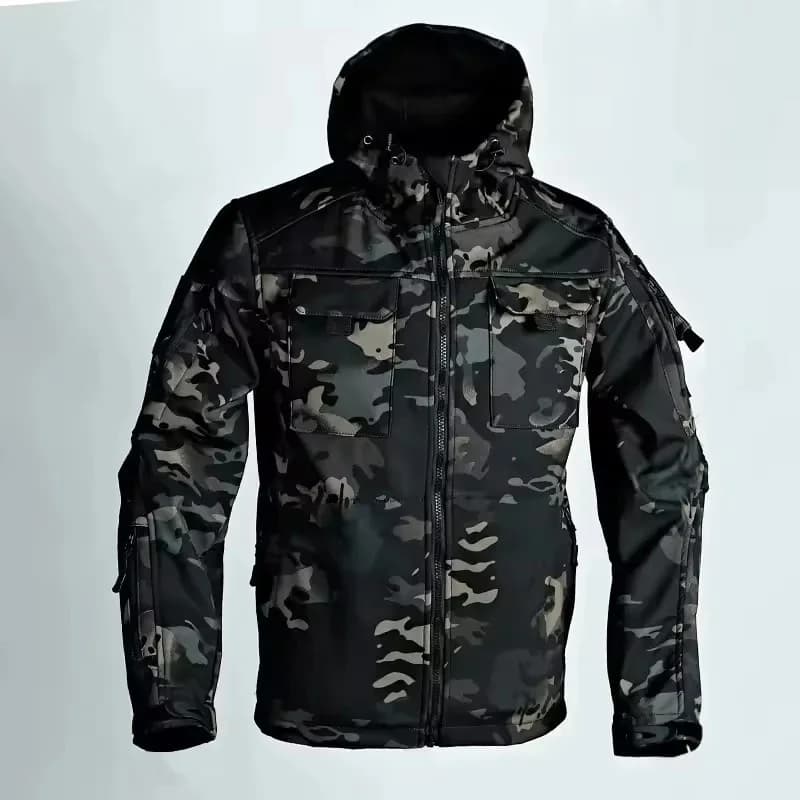 Veste tactique militaire homme imperméable coupe-vent avec capuche - Veste softshell multi-poches pour pêche hiver