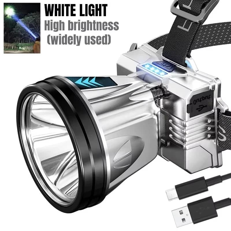 Lampe frontale étanche 10000mAh super lumineuse rechargeable pour pêche camping et urgences
