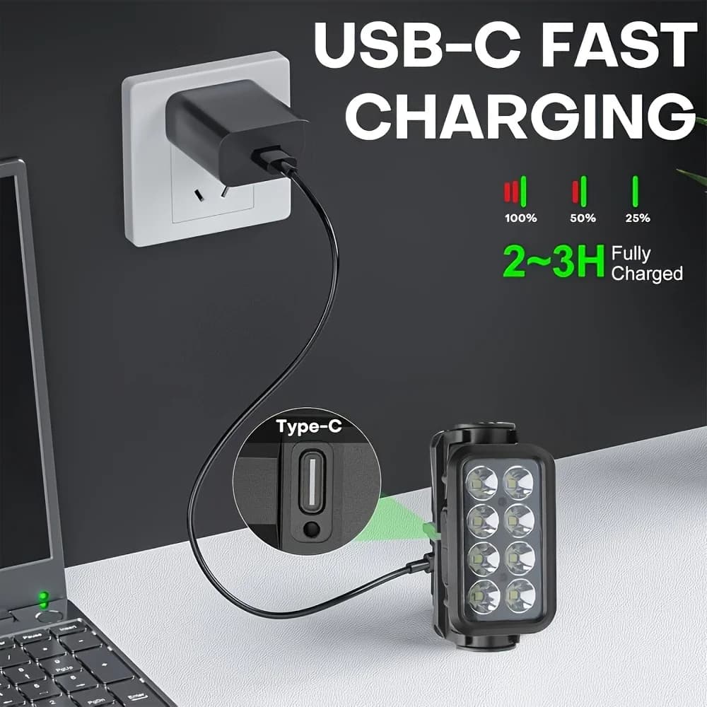 Lampe frontale rechargeable détecteur de mouvement pour pêche nocturne, 8 LEDs ultra-légère et puissante