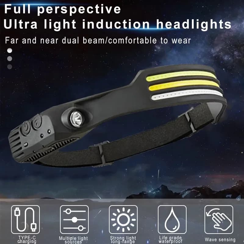 Lampe frontale USB rechargeable induction COB 5 modes pêche détection mouvement