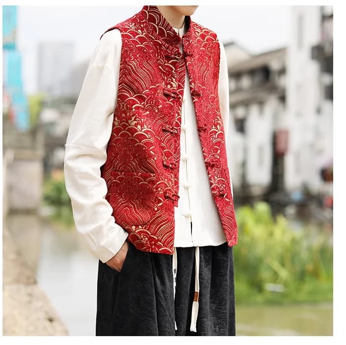 Veste traditionnelle chinoise rouge pêche - Veste Tang jacquard à boucles pour pêcheurs élégants