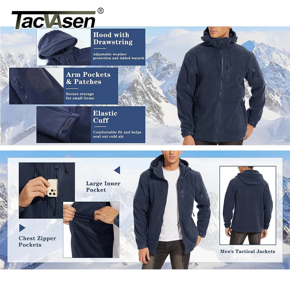 Veste polaire TACVASEN avec capuche zippée anti-vent pour pêche printemps-hiver