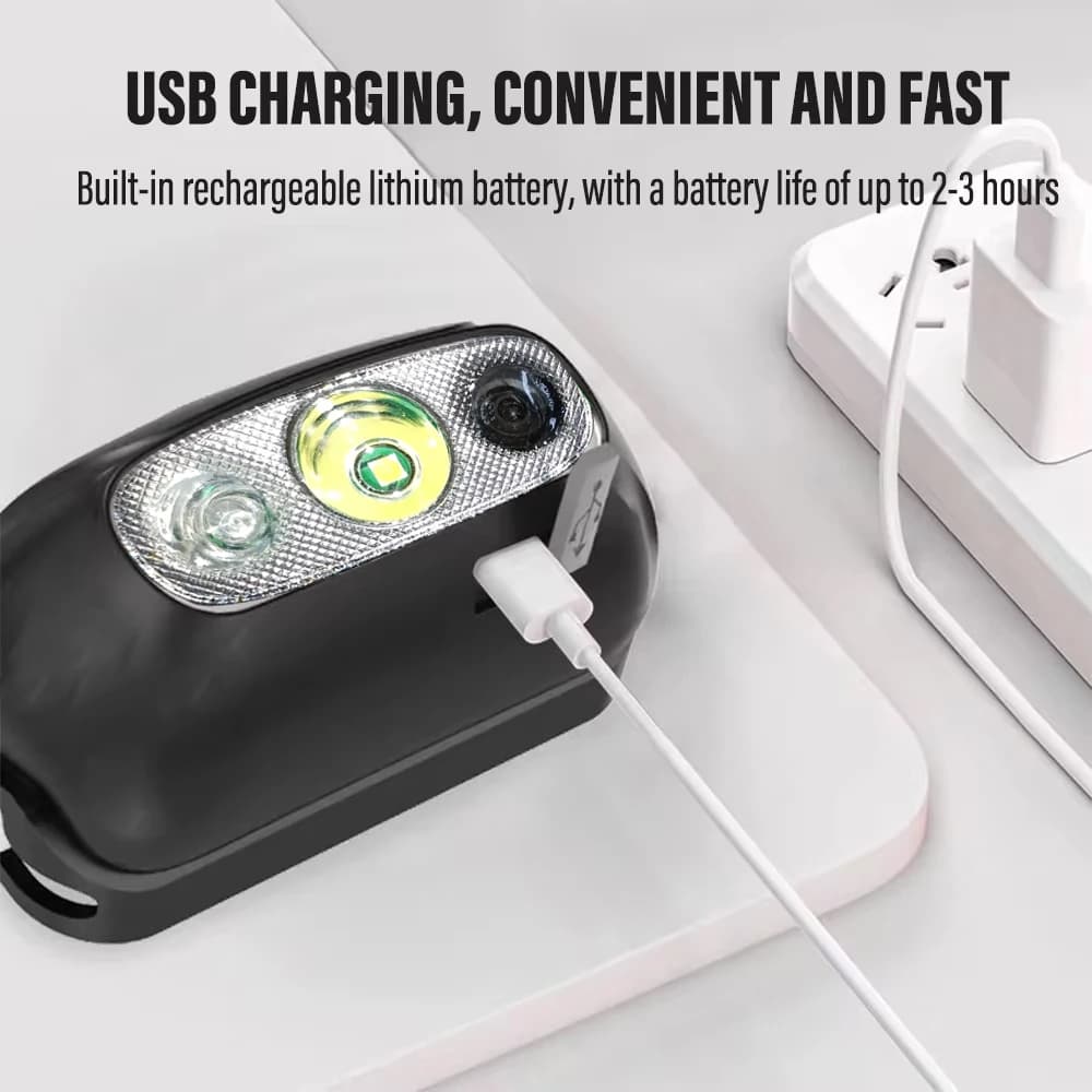 Lampe frontale LED rechargeable pêche avec détecteur de mouvement étanche ultra-légère camping