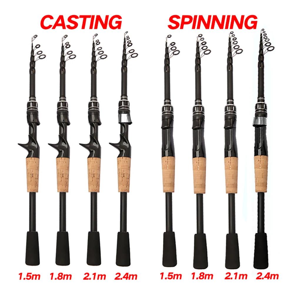 Canne télescopique pêche leurres carbone 1.5m à 2.4m casting 8-25g manche bois pour pêche en déplacement