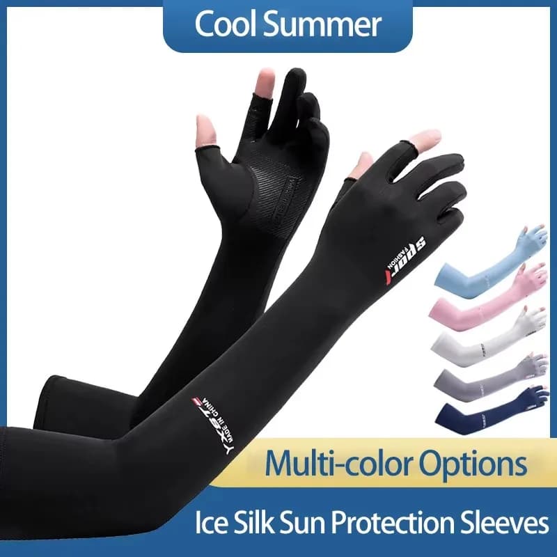 Manches de pêche Ice Silk été protection UV doigts libres anti-dérapage homme femme