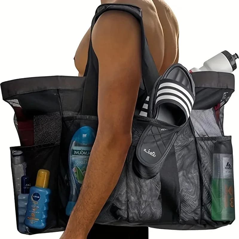Grand sac plage léger étanche pliable avec poches filet sangles réglables épaule