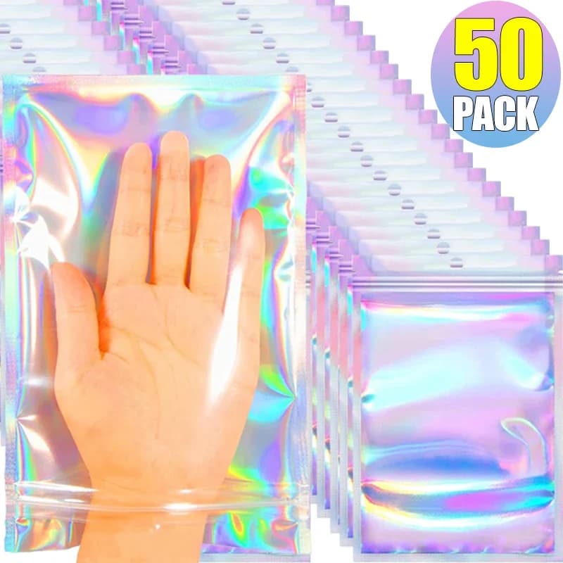 Sacs scellables laser 50/10PCS holographiques pour bonbons, bijoux, conservation alimentaire - étanches et réutilisables