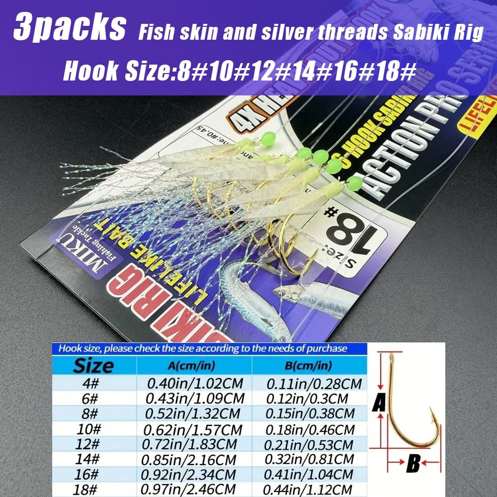 3 packs de sabiki rig avec paillettes argentées et perles lumineuses - Leurre efficace pour pêche en mer