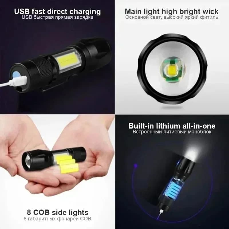 Lampe torche COB+XPE zoomable rechargeable USB pour camping, pêche et urgences longue portée