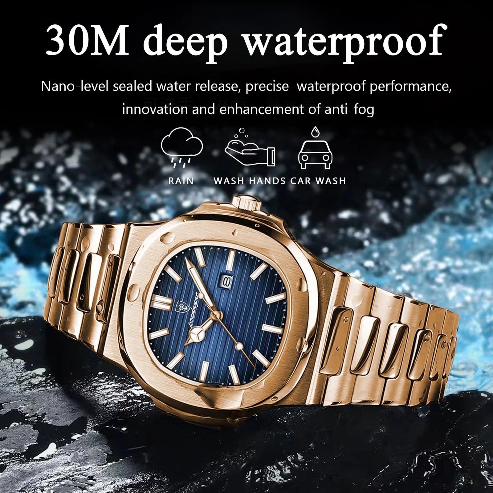 Montre homme carrée POEDAGAR fashion - Boîtier acier inoxydable étanche avec date et lumières pour poignet