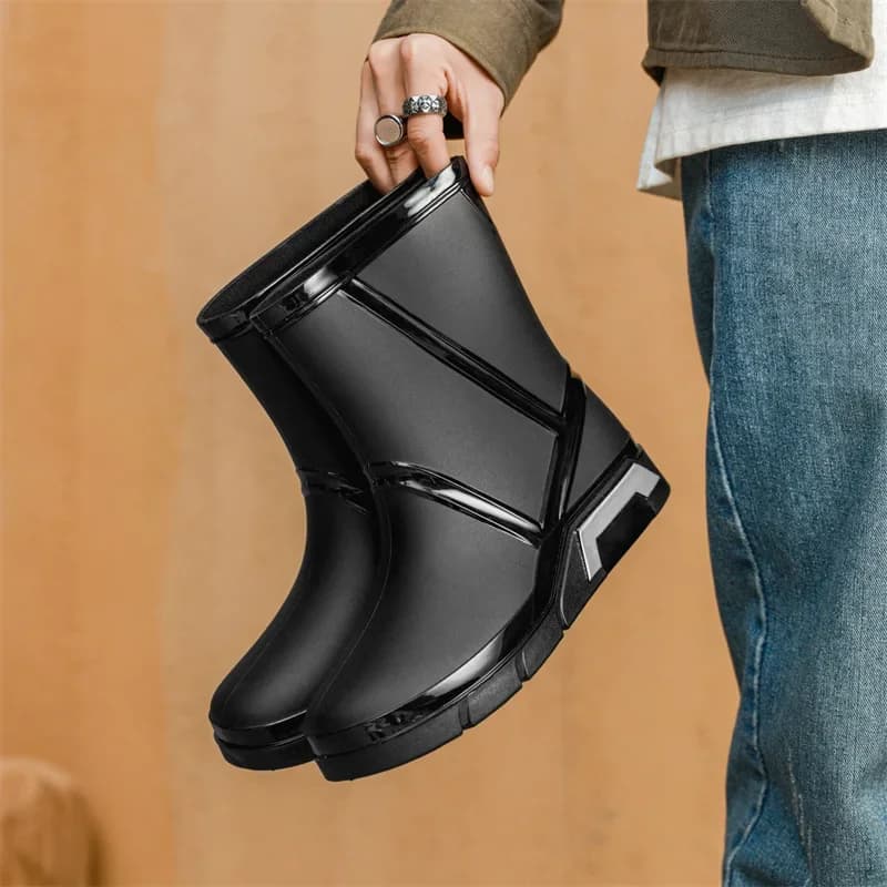 Bottes de pluie homme mi-mollet doublées polaire pêche extérieur étanches chaussures gel