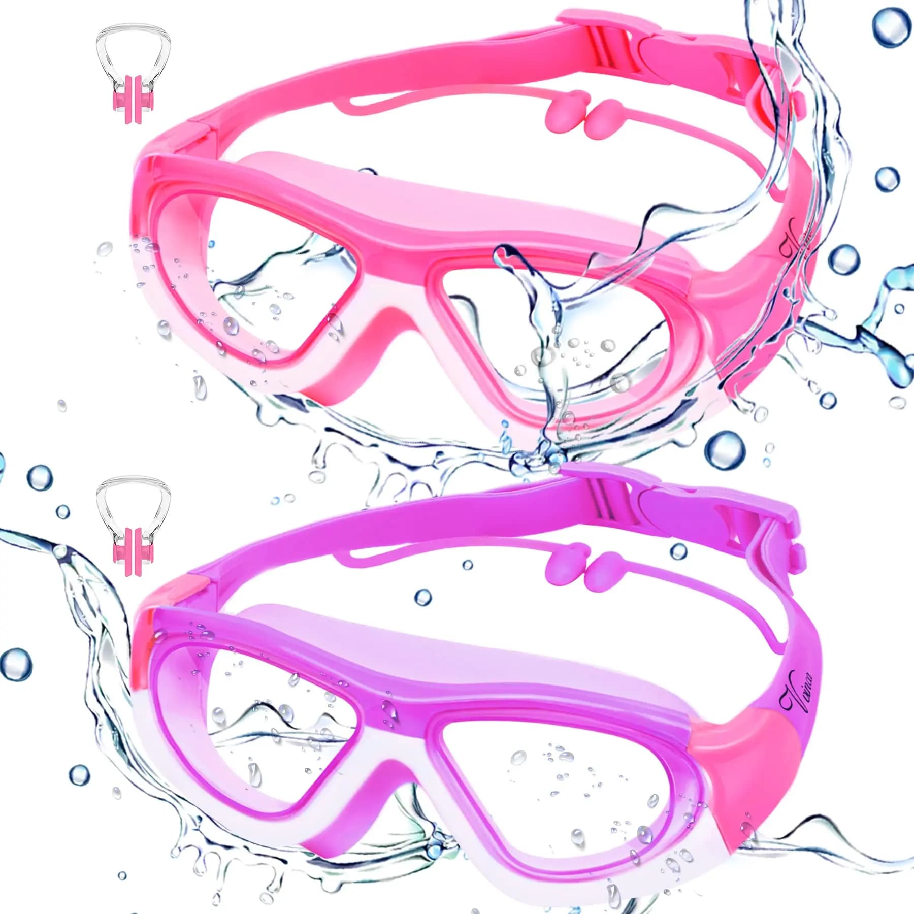 Lunettes de natation enfants grand cadre anti-buée étanches avec bouchons d'oreilles