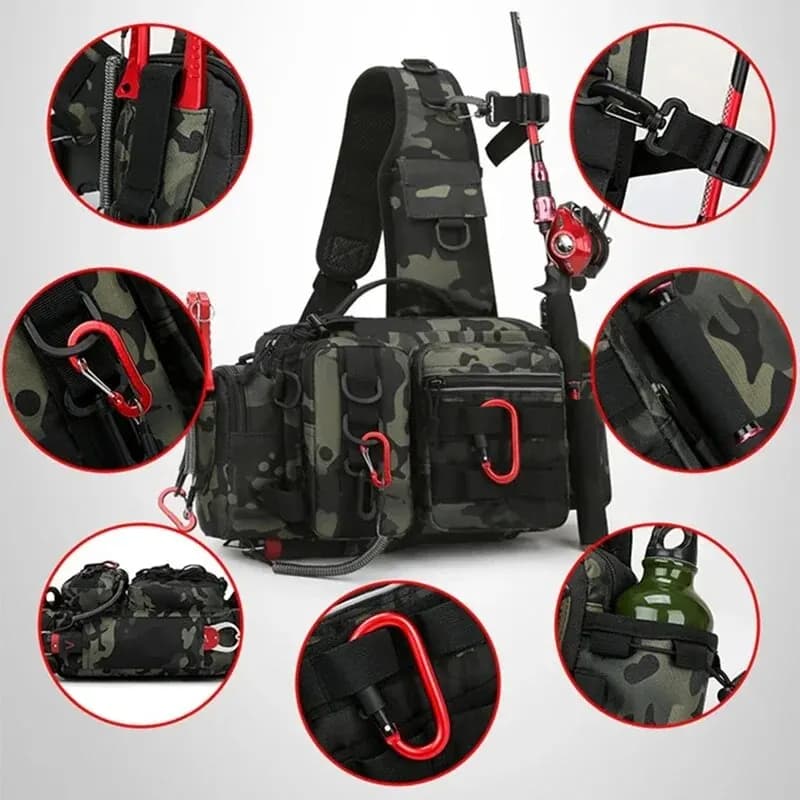 Sac à dos pêche avec porte-canne et rangement leurres - Sac banane technique pour hommes pêche à la mouche