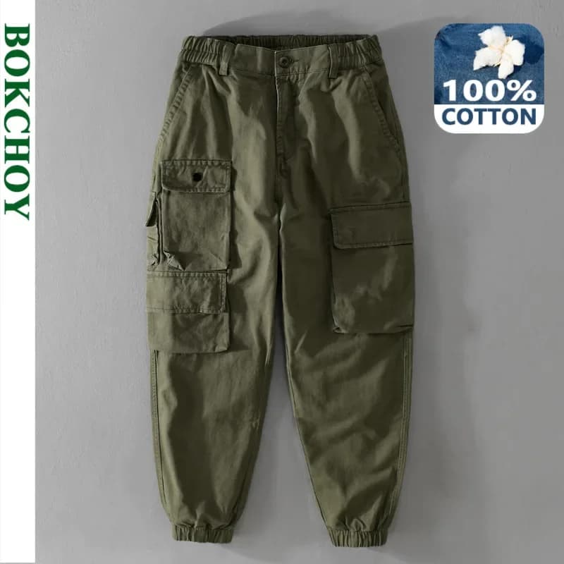 Pantalon cargo rétro 100% coton printemps automne - Pêche streetwear loose jogger homme vêtement décontracté