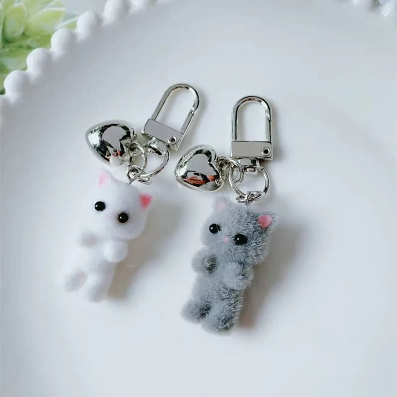 Porte-clés chat mignon flocking 3D - Charme téléphone et sac décoratif cadeau original