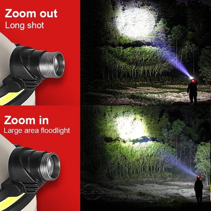 Lampe frontale pêche LED 7 modes XPE+COB avec capteur alimentation 18650 pour pêche et chasse