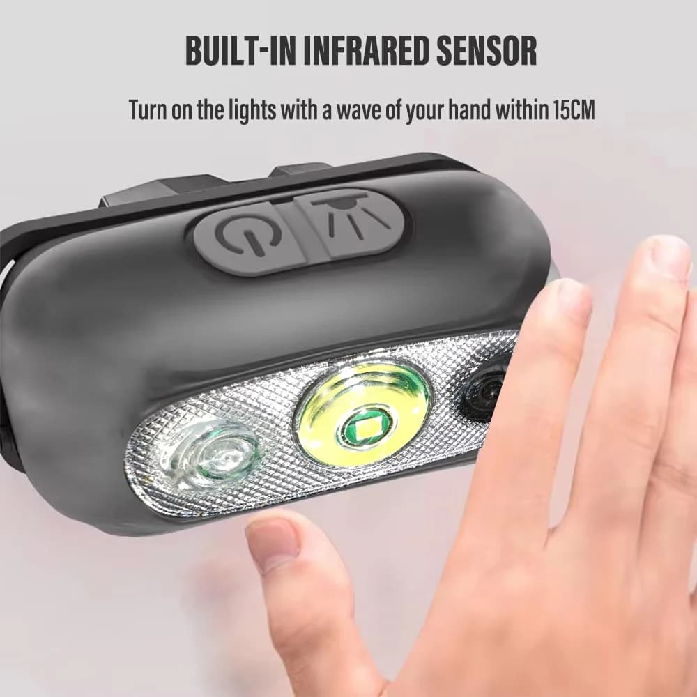 Lampe frontale LED rechargeable pêche avec détecteur de mouvement étanche ultra-légère camping