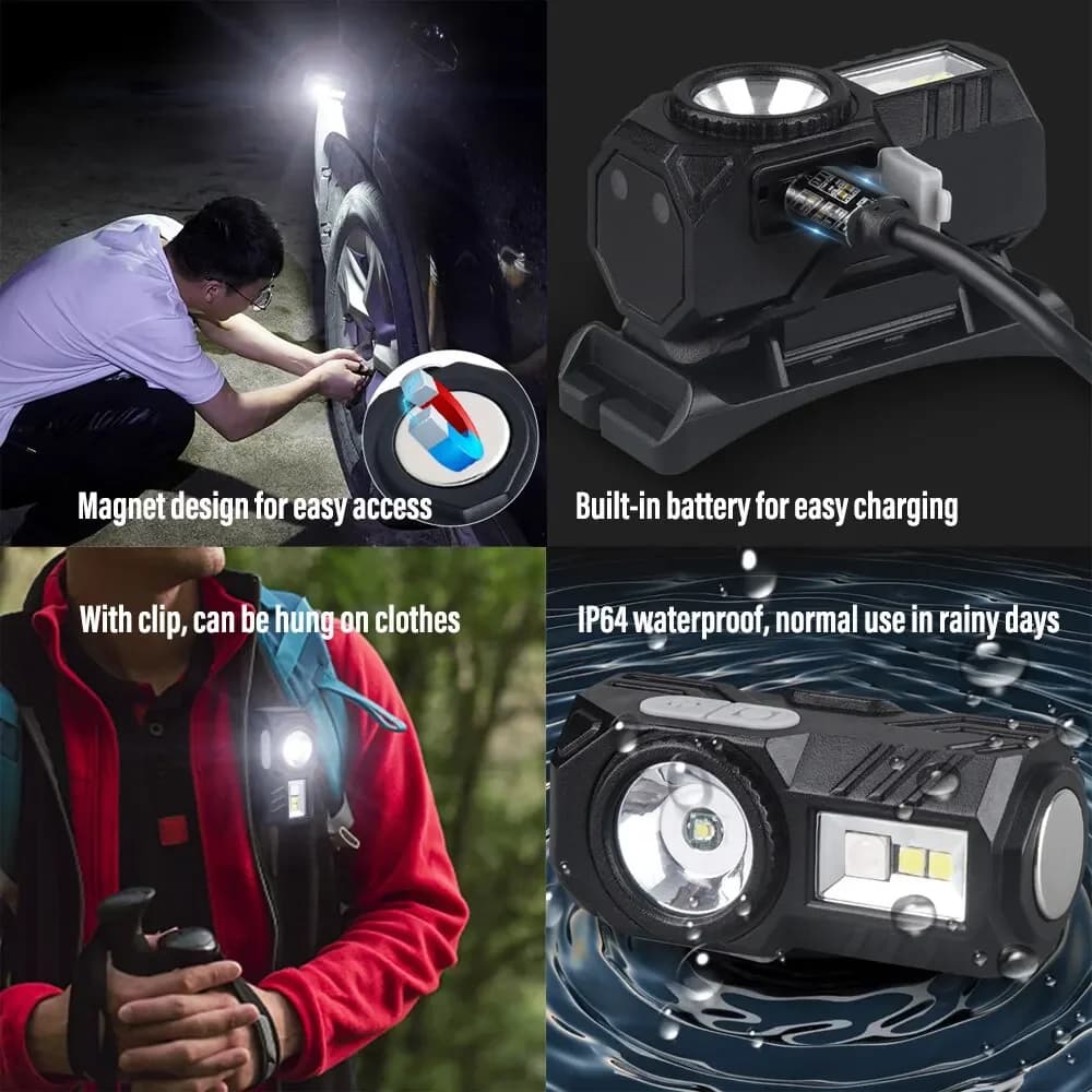 Mini lampe frontale LED avec aimant pour pêche et camping rechargeable USB et capteur de mouvement