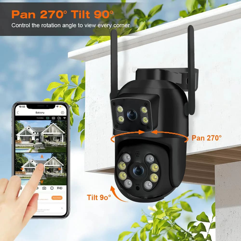 Caméra de sécurité extérieure 8MP 4K PTZ WiFi avec double objectif et détection IA humaine