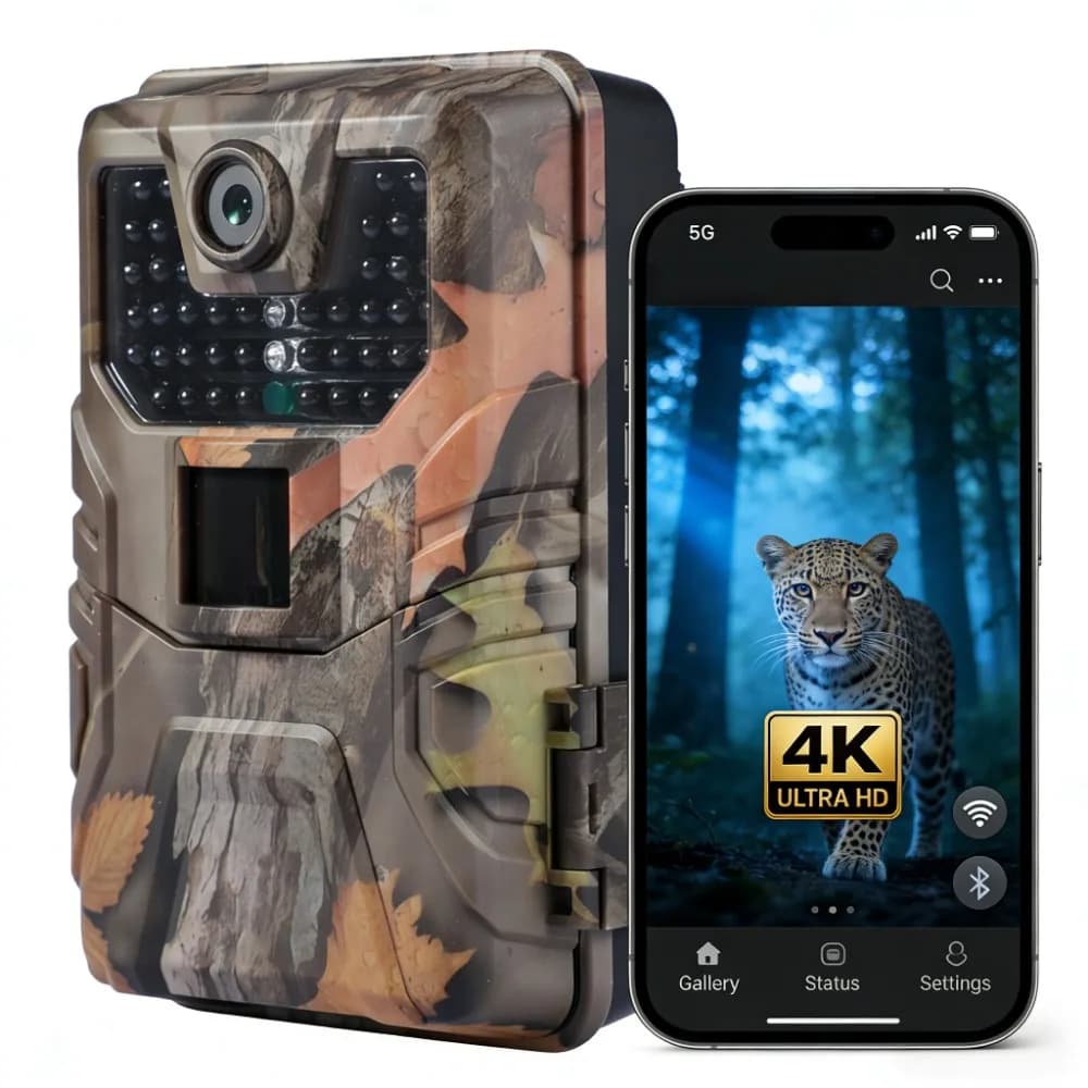 Caméra de chasse 4K WiFi vision nocturne camouflage surveillance faune étanche IP66 sans lueur IR