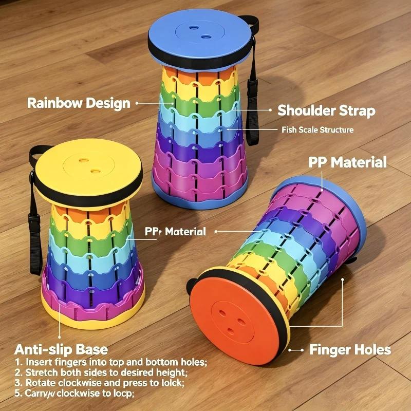 Tabouret pliant télescopique réglable pêche voyage - Siège de rangement plastique arc-en-ciel extérieur