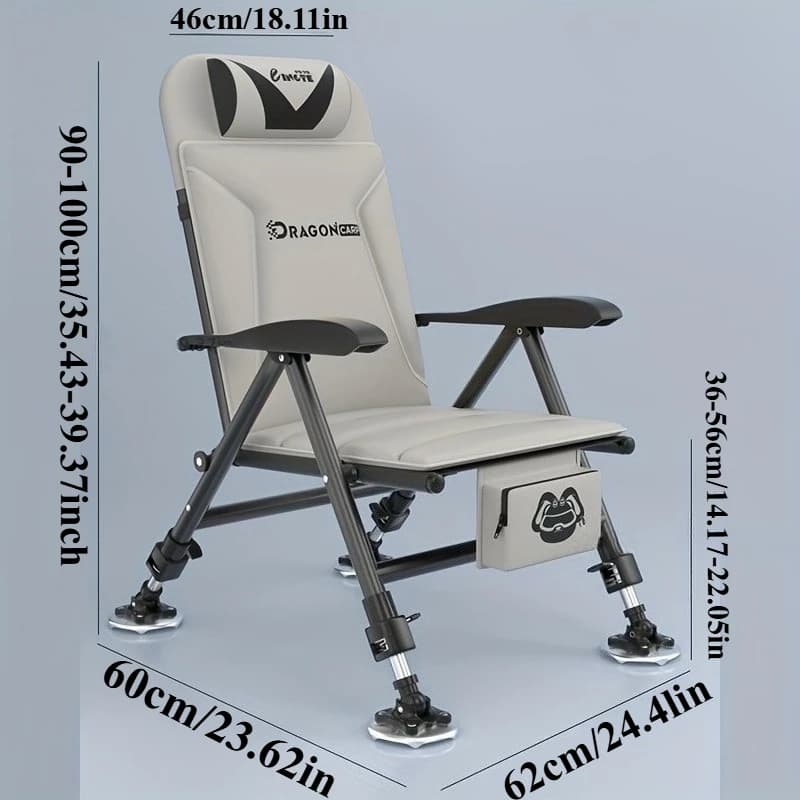 Chaise pêche pliante relax inclinable avec appui-tête et pieds télescopiques pour camping pique-nique